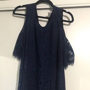 Navy blue lace peep shoulder top
